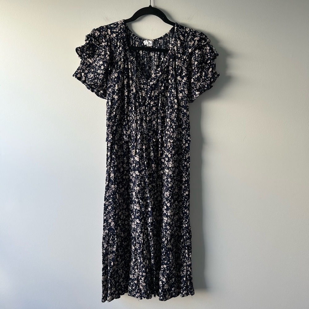 THML Navy Floral Midi Dress with Cream Accents